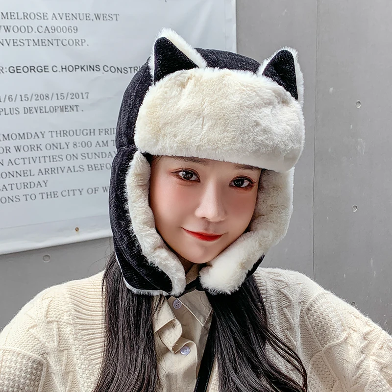 Autumn Winter Female Warm Hat Girl Cute Riding Windbreak Hat Earmuff With Cashmere Warm Cotton Hat Cat Ear Bomber Cap