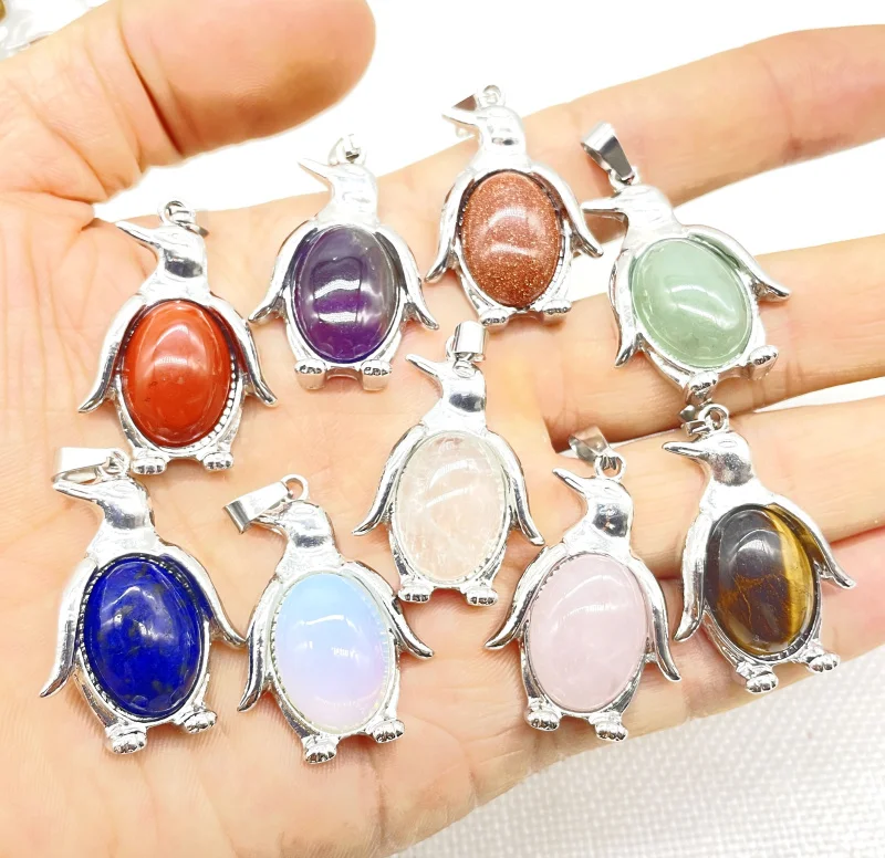 Natural Gem Stone Quartz Crystal Opal Amethyst Animal Penguin Archaize Silver Pendant For DIY Jewelry Making Necklace 10pcs