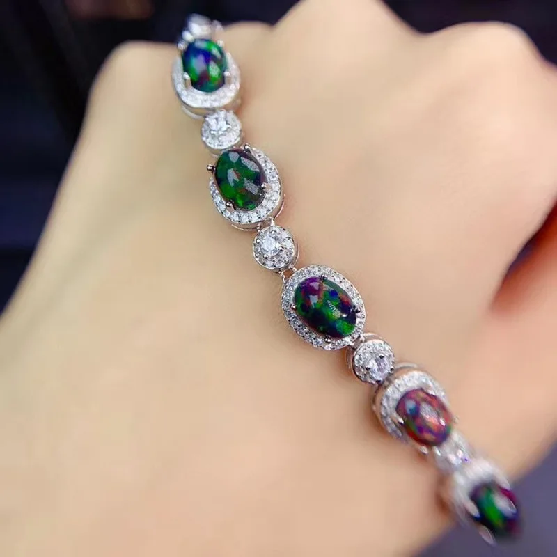 

Black Natural Opal Bracelet Solid S925 Sterling Silver for Women Colour Gem Stone Rings Fine Jewelry