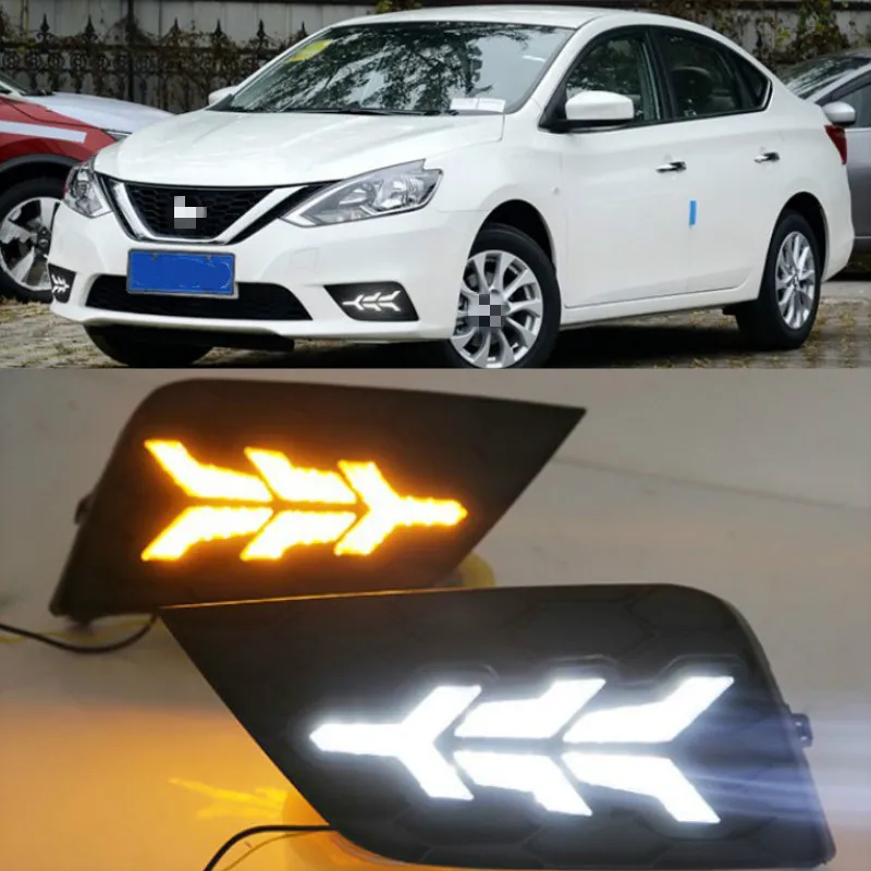 LED DRL daytime running light for Nissan Sylphy sentra 2016-2018 yellow turn signal, blue night light, wireless switch