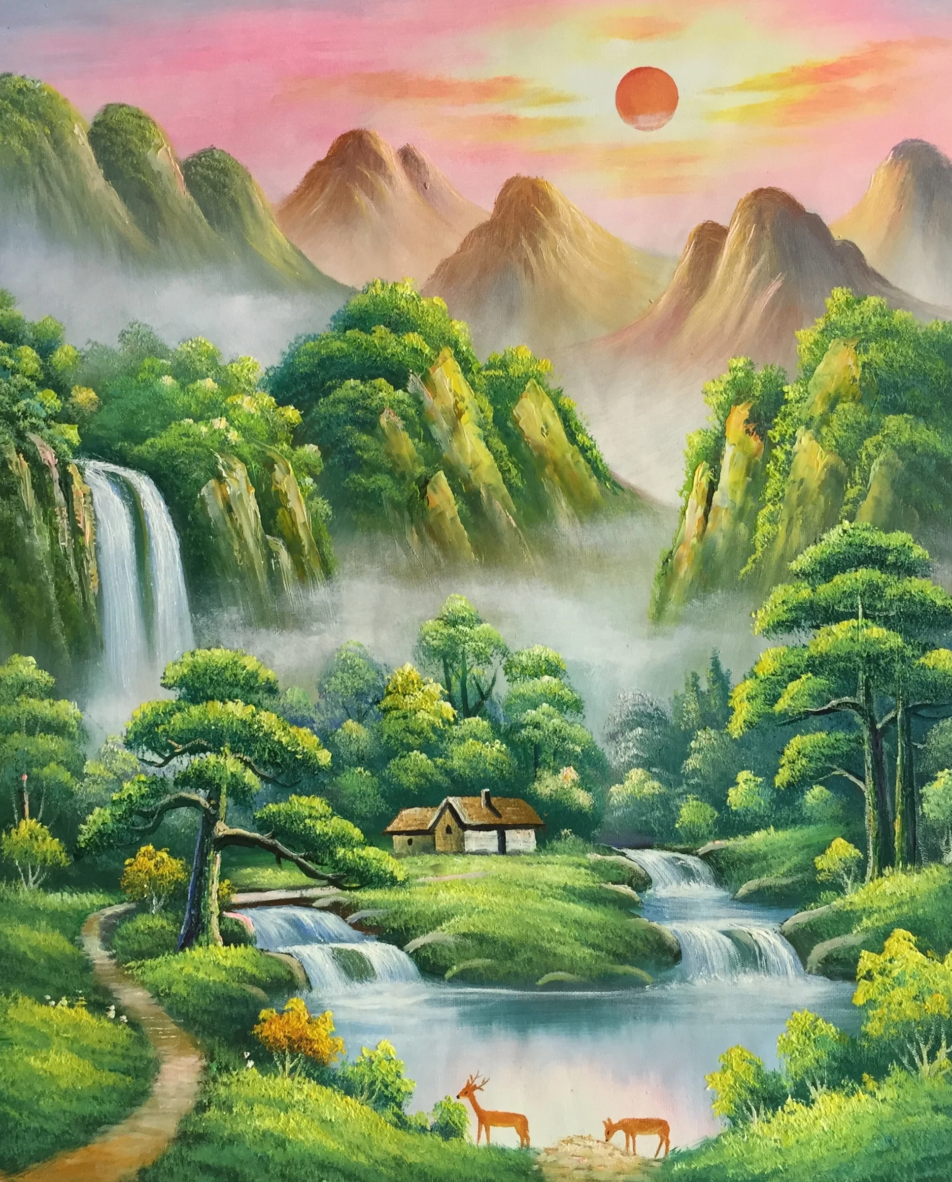 Ultra Low Price Sale 100% Hand Painted Oil Painting on Canvas Sunrise Landscape Canvas Painting Wall Art Picture Homedecor