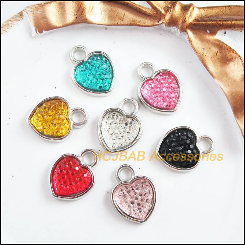 28 New Heart Charms Dull Silver Plated Retro Mixed Acrylic Resin Pendants 12.5x17mm