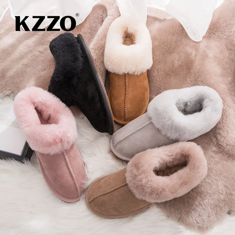 KZZO New Arrive Natural Sheepskin Woman Casual Wool Slippers Winter Warm Sheep Fur Lined Non-slip Home Shoes Indoor Slippers