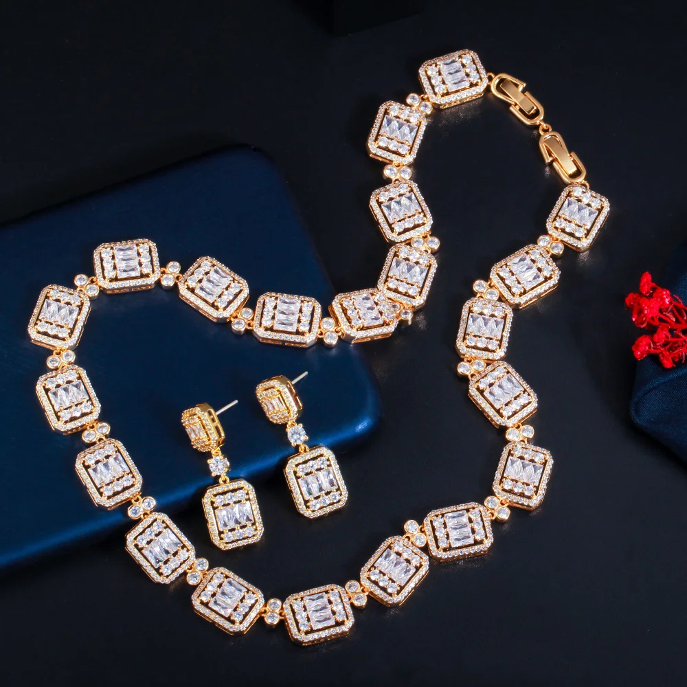 

CWWZircons геометрический белый кубический циркон свадебное ожерелье комплект из 2 предметов для женщин африканское свадебное платье ювелирные аксессуары T0722