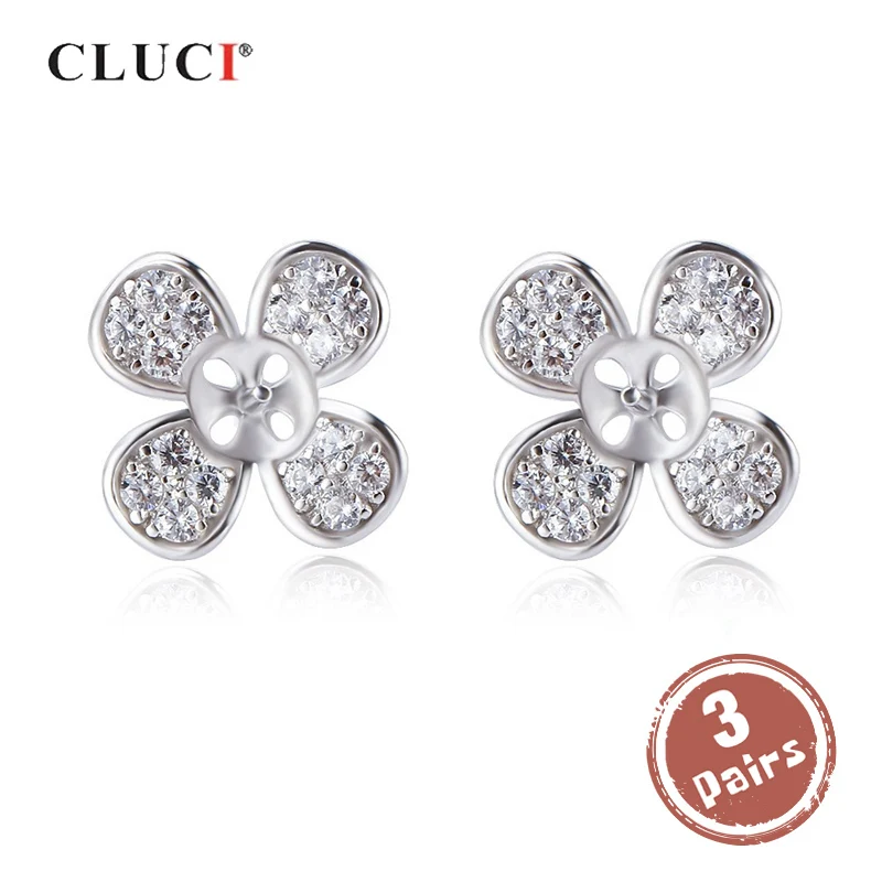 

CLUCI 3 pair 925 Sterling Silver Lucky Clover Earrings Jewelry for Women Classic Luxury Zircon Pearl Earring Mounting SE141SB