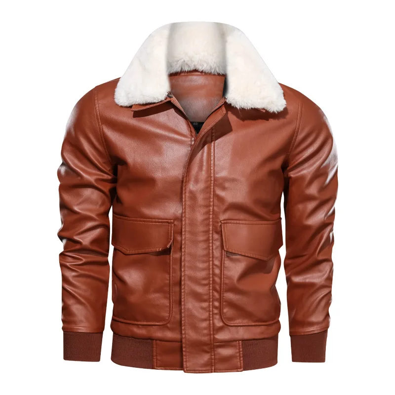 

Spring Autumn Fur Collar Detachable Leather Jacket Men Big Pockets Motorcycle Leather Jacket Men PU Coats Simple Biker Jacket