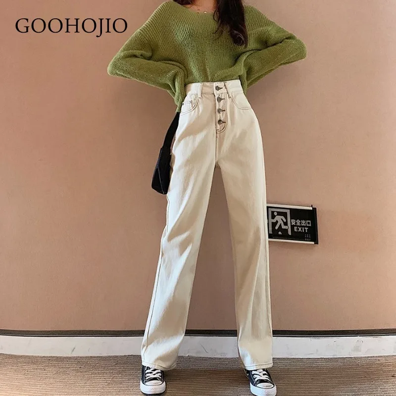 

GOOHOJIO 2021 New Autumn and Winter Chic Women Jeans High Waist Trousers for Women All-match Buttons Wide Leg Cowboy Pants Women