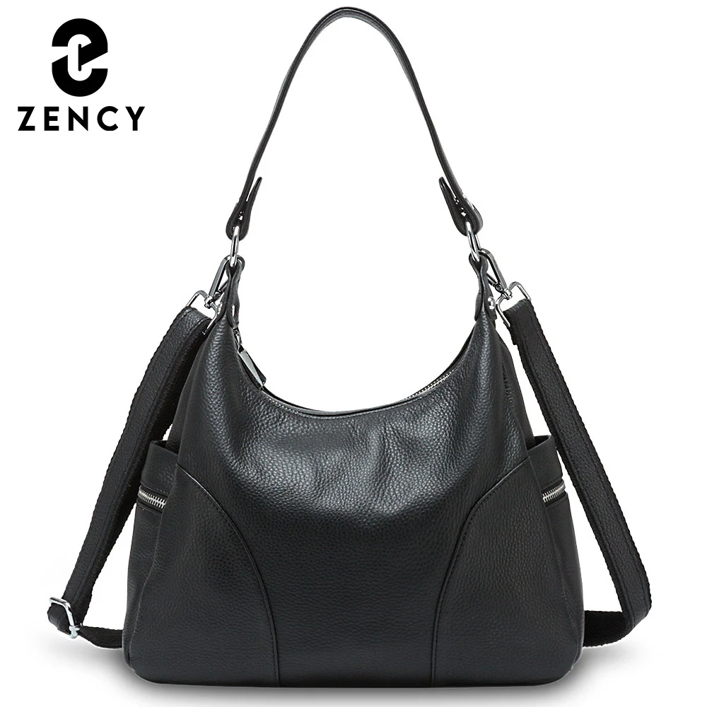 Zency 100% Genuine Leather Fashion Women Shoulder Bags High Quality Hobos Elegant Lady Tote Handbag Black Grey Crossbody Bags