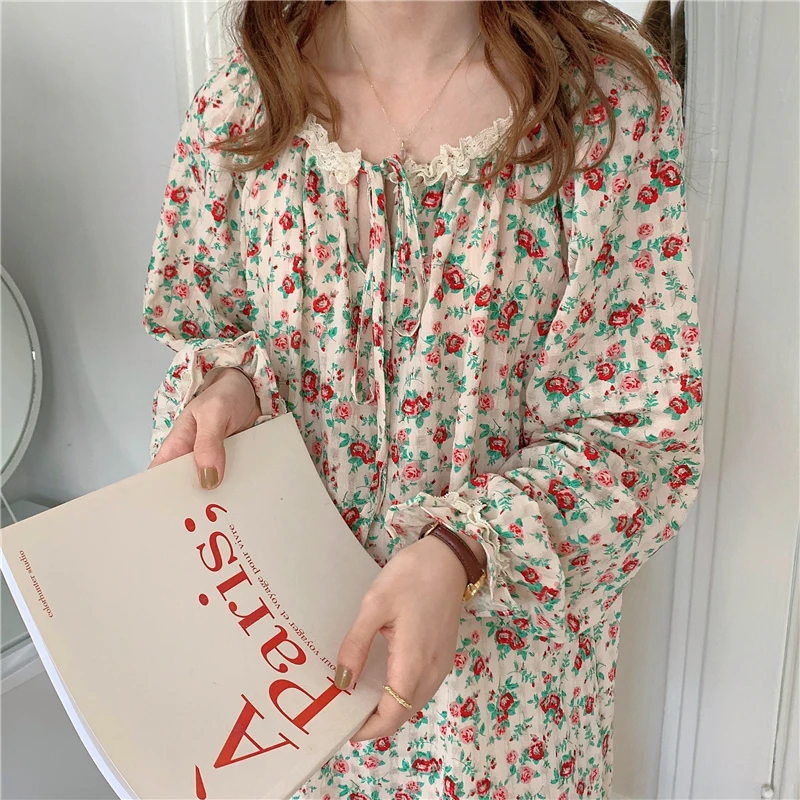 

Autunm Cute Floral Print Cotton Nightgowns Ruffles Long Sleeve Loose Sleepdress Home Clothes Casual Girl Vintage Nightdress