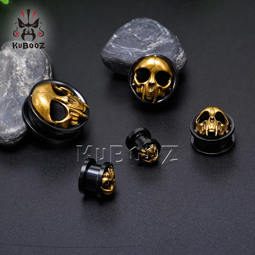 KUBOOZ Trendy Stainless Steel Skull Ear Tunnels Expanders Body Jewelry Piercing Earring Gauges Stretchers 2PCS