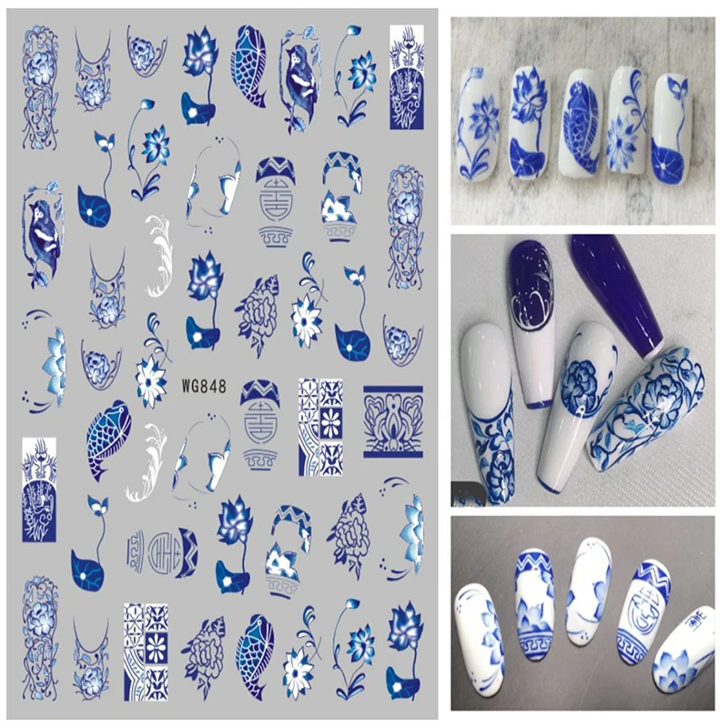 Chinese nail art stickers blue and green colors dragon birds flowers leaf ceramics style design nail art design decals WG110