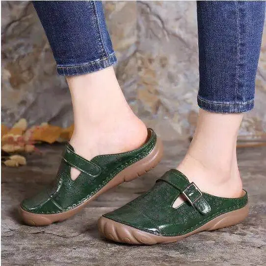 df8Summer Women Premium Orthopedic Open Toe Sandals Buckle Anti-slip Breathable Leather Casual Female Platform Retro Shoes