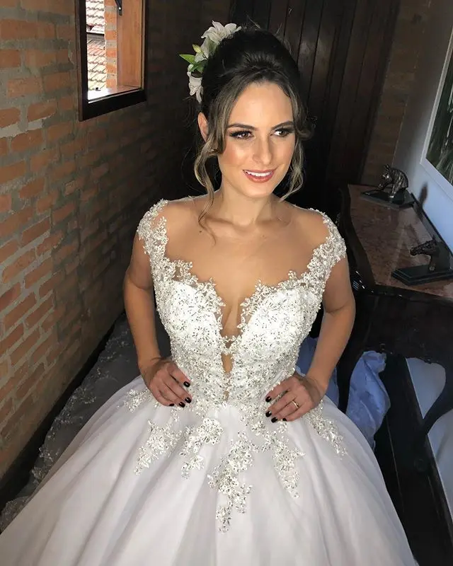 JIERUIZE vestidos de novia de perlas de lujo, Apliques de encaje trasero con botones, vestidos de novia con cuentas