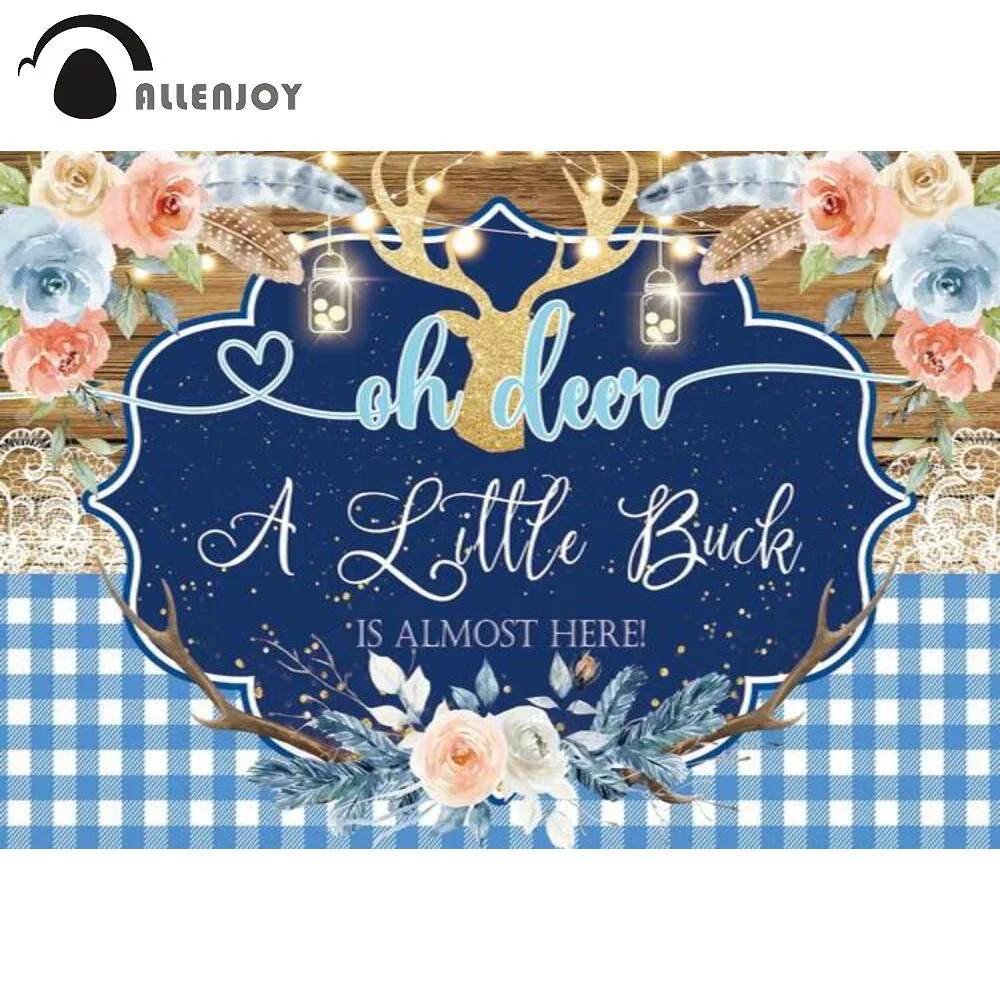 

Allenjoy Buck Baby Shower Backdrop Blue Rustic A Little is Here Girl Boy Flowers Custom Decor Photography Background Banner Prop