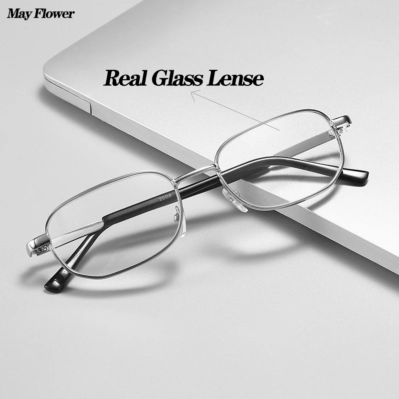 Anti-Scratch Reading Glasses Retro Square Presbyopic Eyewear With Glass Lenses Metal Hyperopia Eye Glasses Men\'s glasses +3.5+4