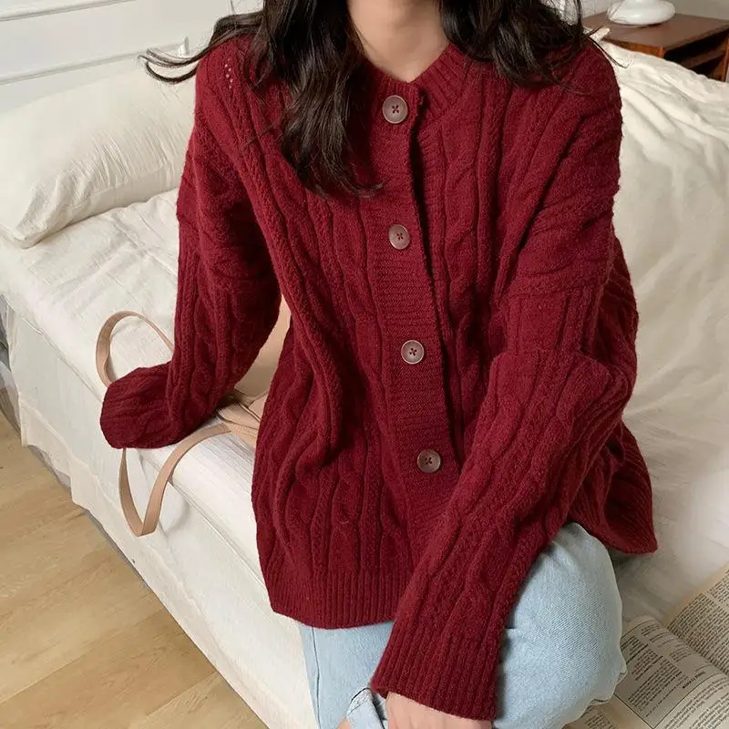 New Wine Red Cardigan Sweater Korean Vintage Fried Dough Knitting Single Breasted Style Black O-Neck Loose Sweater Coat