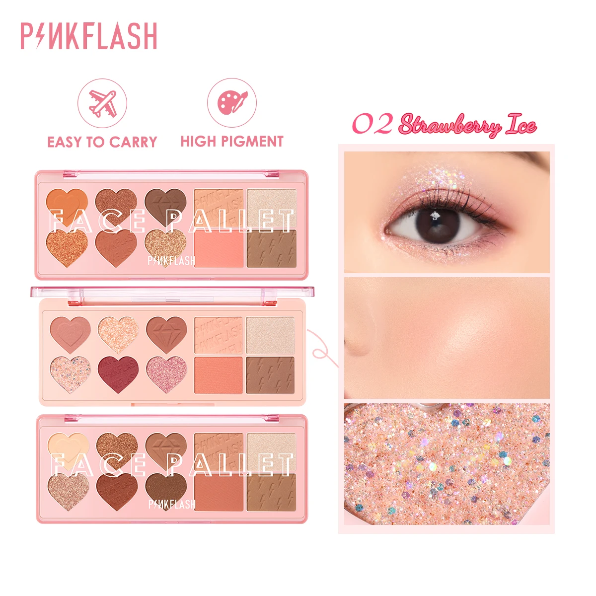 PINKFLASH 10 Colors Glitter Eyeshadow Palette Pearlescent High Pigment Face Bronzers Blusher Contour Powder Makeup Cosmetics