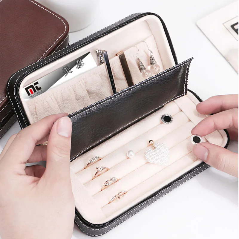 

New Design Travel Portable Jewelry Storage Box Home Makeup Organizer with Zipper For Ring Earring Necklace and Watch Cases