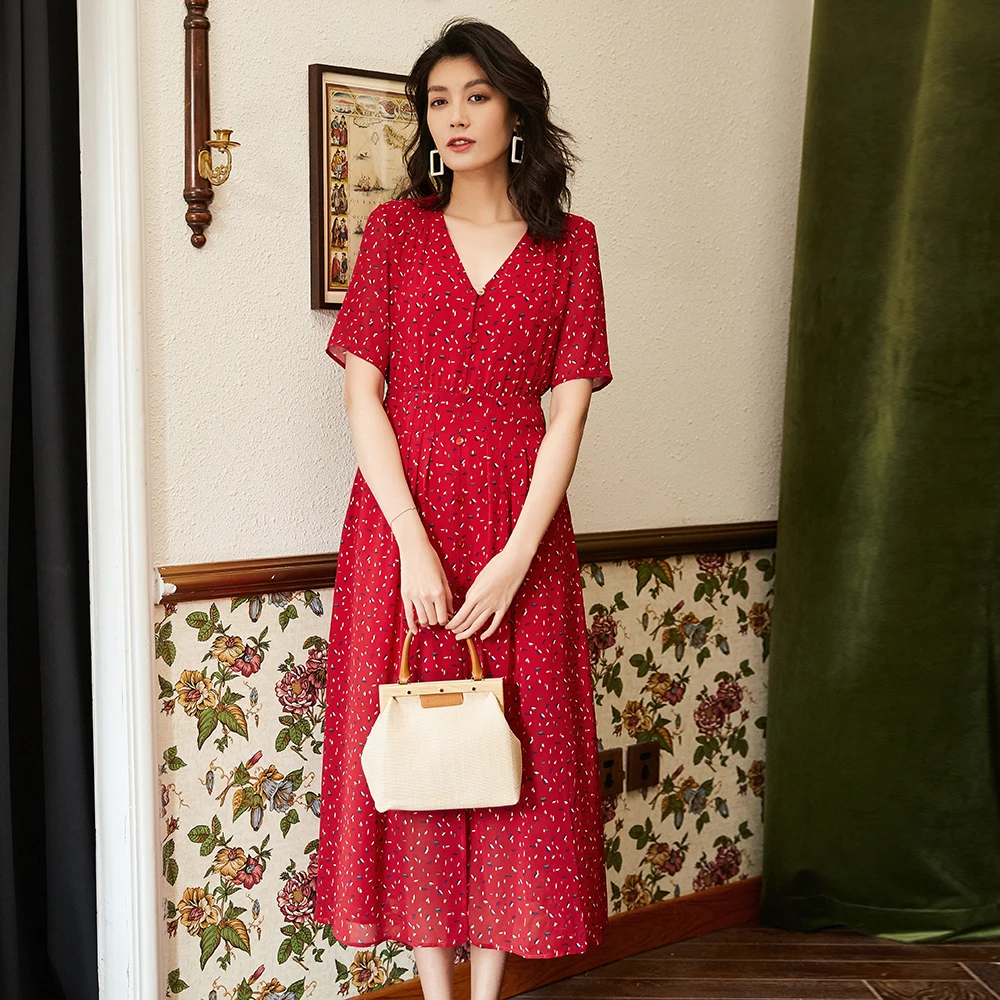 Spring and summer women dress 2019 new summer Fashion red white v collar short sleeve chiffon dress ladies floral long dress