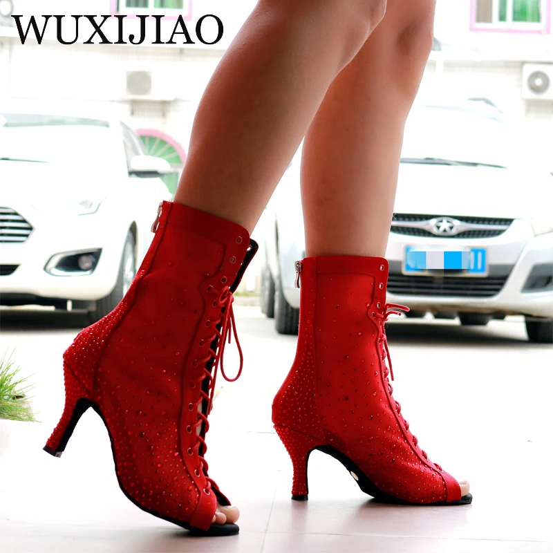 WUXIJIAO Jazz shoes Latin dance shoes women Latin salsa girls casual shoes RED rhinestone shoes