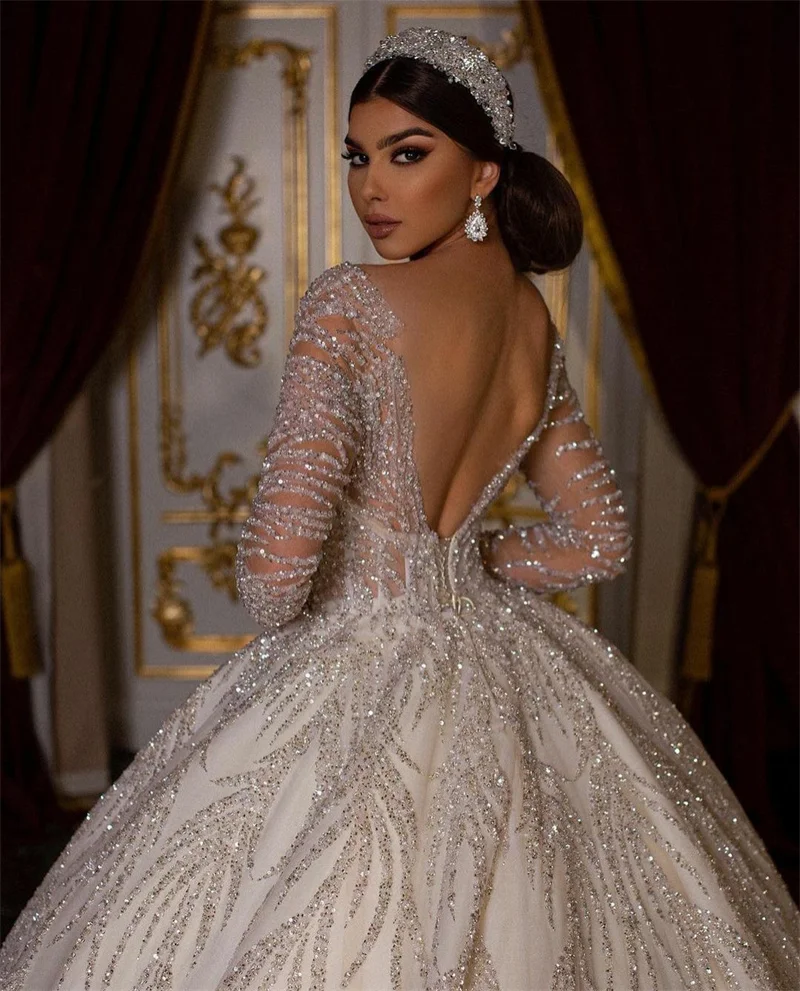 بريق شرارة فساتين الزفاف الخرز الترتر كم طويل زي العرائس طول الأرض مخصص عارية الذراعين Vestido de novia