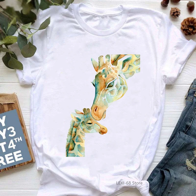 

Watercolor Giraffe Family Print Tshirts Women Funny T Shirt Femme Korean Style Clothes Summer Fashion T-Shirt Female Streetwear