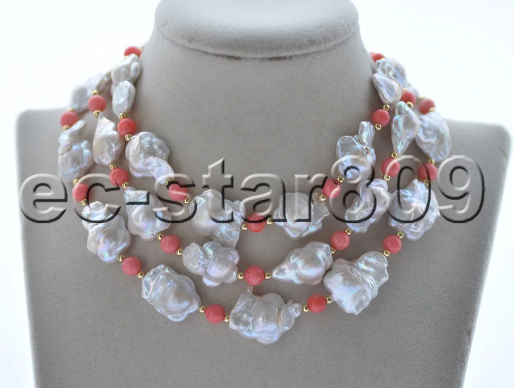 

Z10756 24~50" 18mm White Plum-blossom Baroque Pearl Pink Coral Necklace