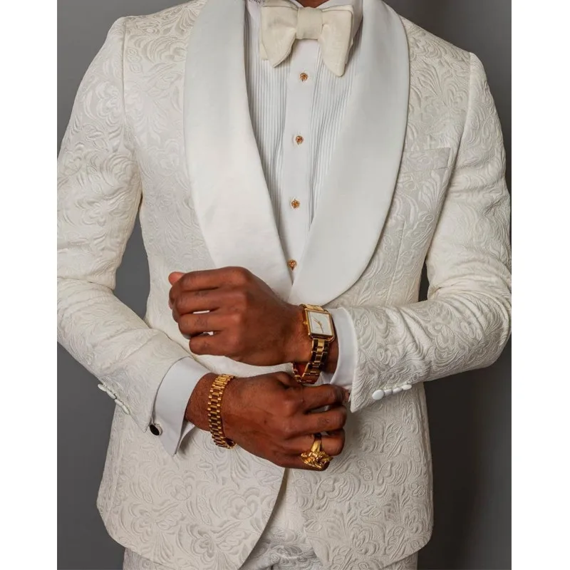 

White Prom Men Suits for Wedding Groom Tuxedos 2 piece Slim fit Man Suit Jacquard Jacket with Pants 2020 Fashion Clothes