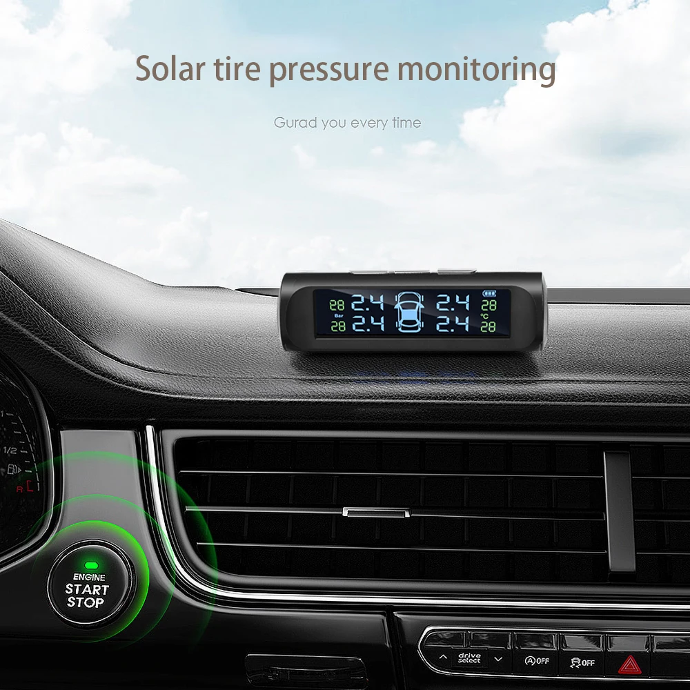 Intelligent TPMS Solar Tire Pressure Monitoring System Temperature Warning With 4 External Sensors Car Tire Air Pressure Gauge