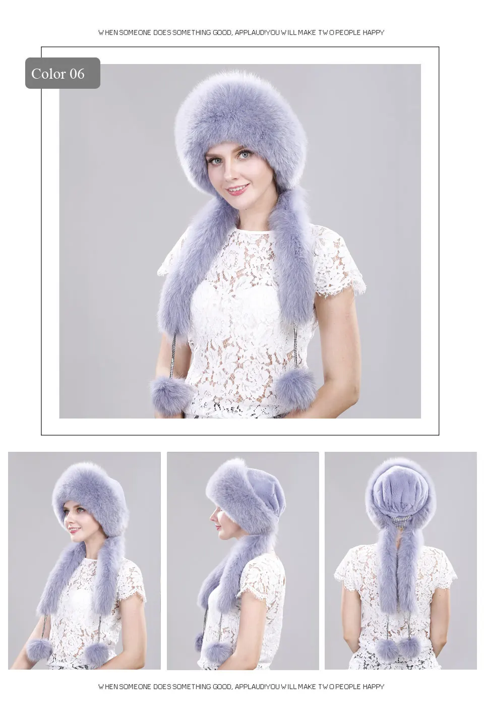 Echte Fuchspelzmütze mit Kaninchenfell-Oberteil, Wintermützen für Mädchen mit langen Pompons, Russische Trappermützen, Bombermützen, Bonnets für Frauen – Detail 8