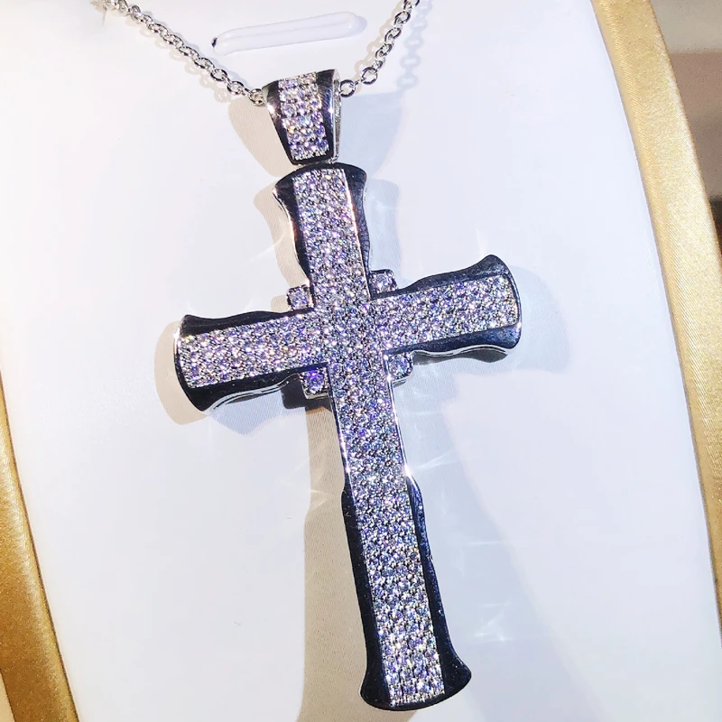 Unique Luxury Jewelry 925 Sterling Silver Cross Pendant Lucky Princess AAAAA+ Cubic Zirconia CZ Party Women Wedding Necklace