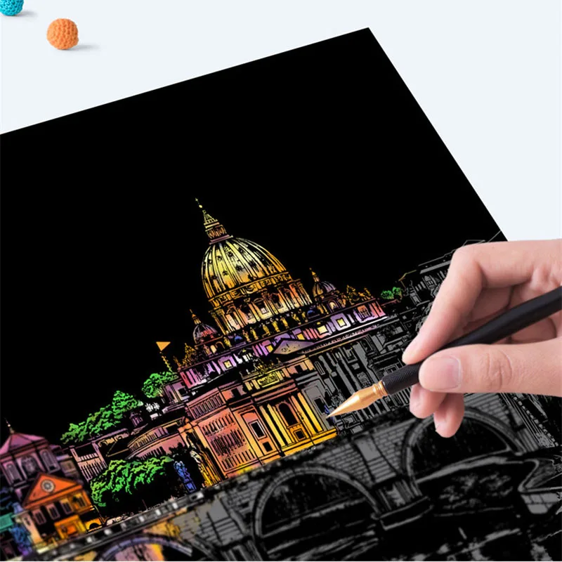 4 Pcs 29.5*21.5 cm A4 Magic Scratch Painting DIY manual Famous City Building Night View Scraping Paiting Drawing Toys For Kids