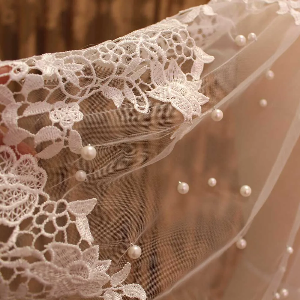 Voile de mariée court avec peigne, bord en dentelle, avec perles, un mètre, nouveaux accessoires de mariage