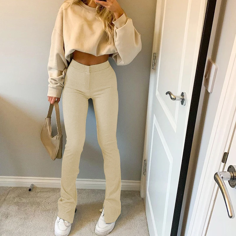 Women Fashion Split Flare Pants Solid Color Slim Fit Legging Sweatpants Casual Elastic High Waist Bell-Bottoms Trousers