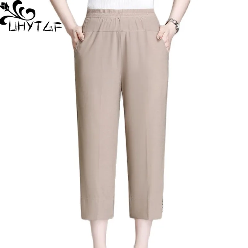 

UHYTGF Mother Summer Pants Casual Ice Silk Thin Trousers Women Middle-Aged Elderly Loose Big Size Pants Pantalones De Mujer 2172