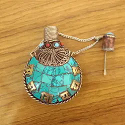 SN203 Handmade Nepal Turquoises Stone Mantras Snuff Bottle Pendant Necklace Ethnic Tibetan Collectibles
