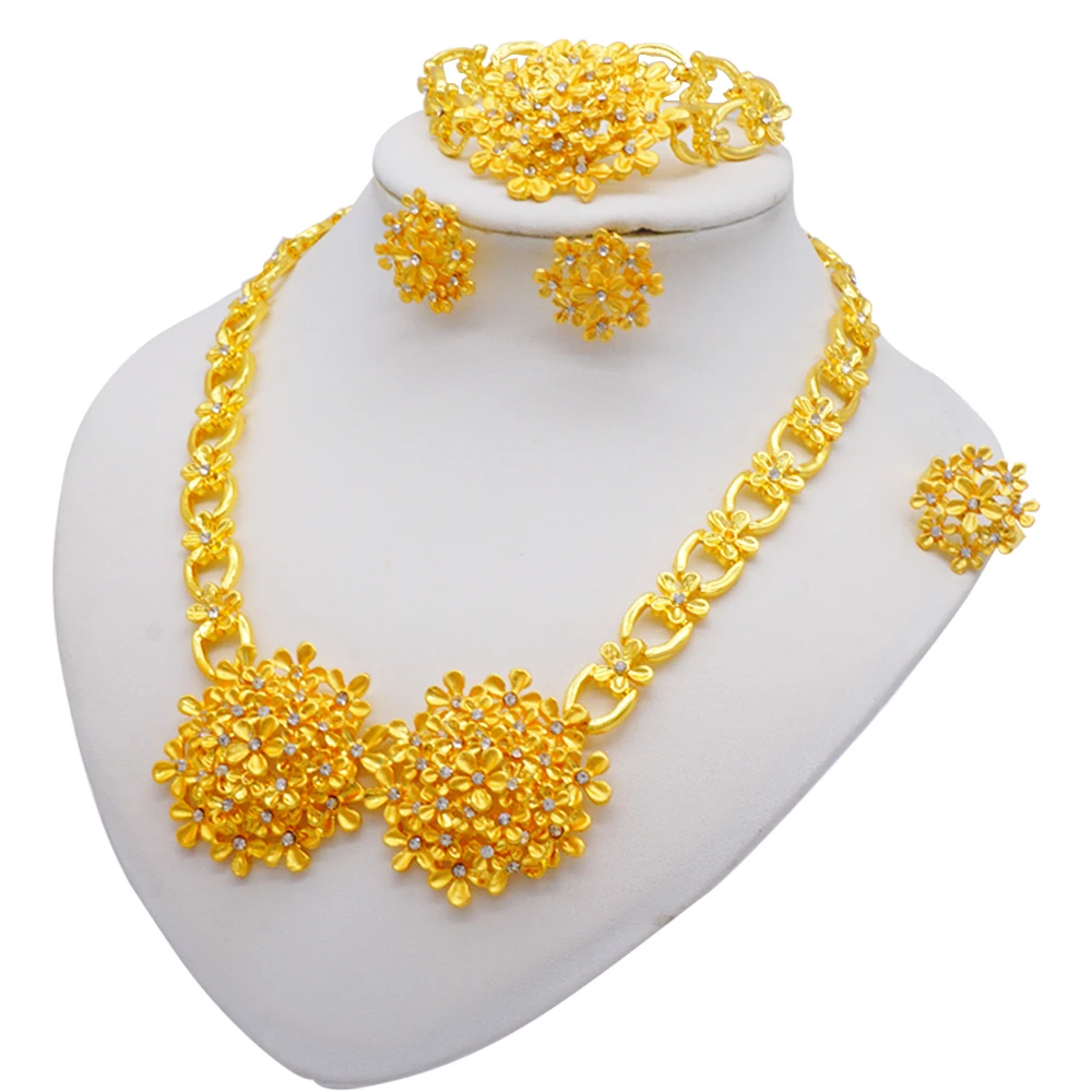 

Jewellery Set Gold Color Flowers Necklace Earrings Set Dubai Wedding Ornament Bridal Gifts For Women African Party Jewelry Sets