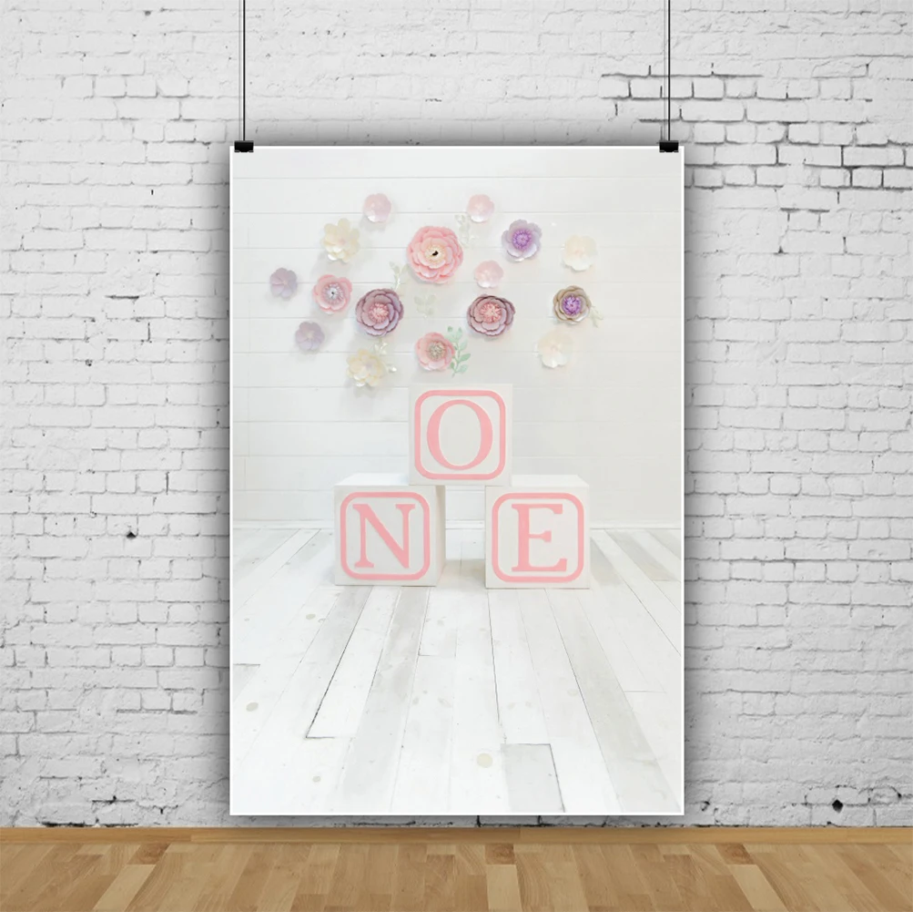 Laeacco 1st Birthday Party Photography Background Colorful Floral Chic Wall Wooden Board Floor Newborn Baby Photo Backdrop