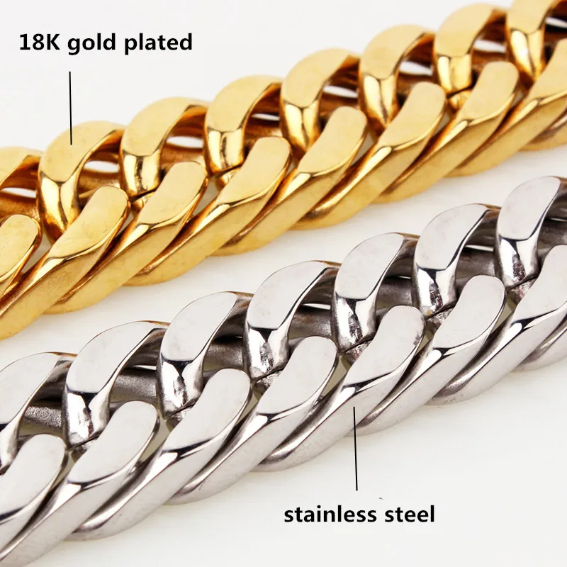 Heavy Boys Men\'s 10/12/14/17/19mm Gold Tone/Silver Color Stainless Steel Curb Cuban Link Chain Necklace Choker Jewelry 7-40inch