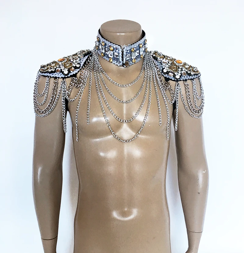 Prince shoulder wear sexy men model passerella Super flash diamond metal nappa abito a spalla gogo boy stage party bar accessorie