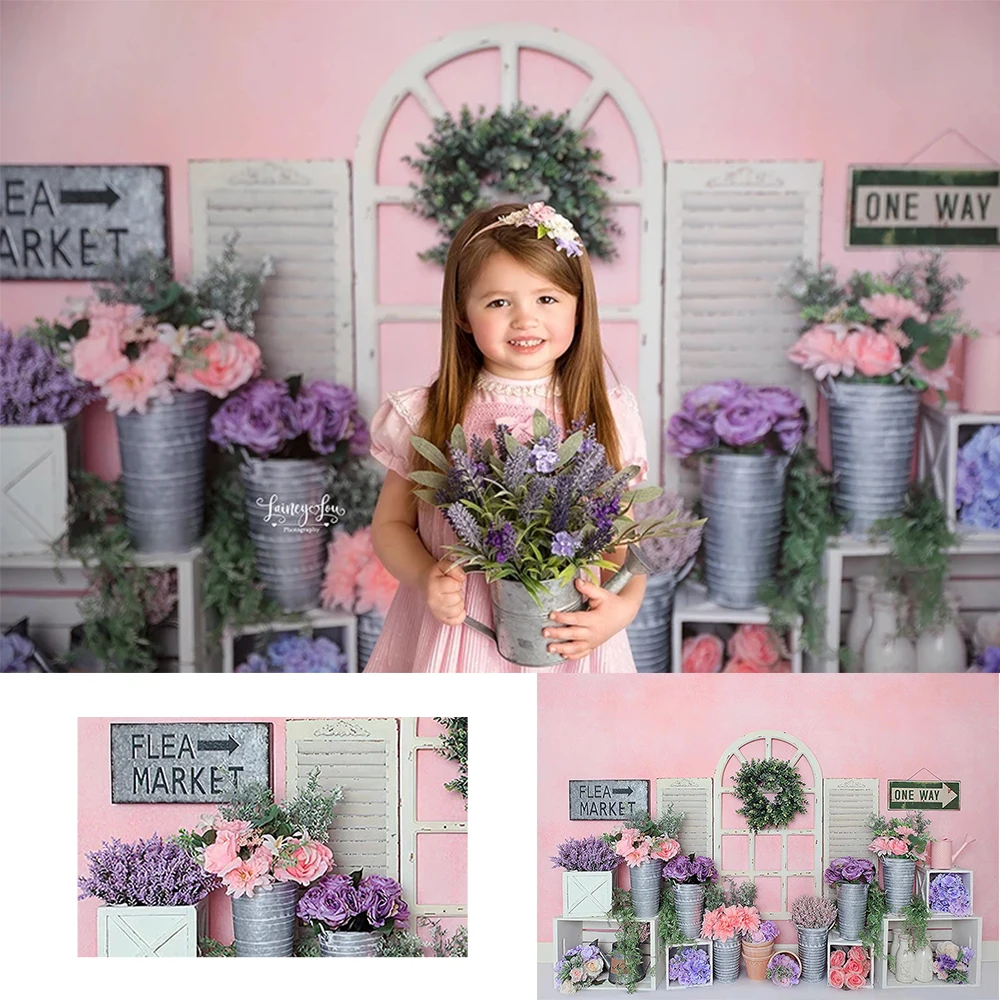 

Kids Birthday Photography Background Flower Spring Flea Market Theme Prop Window Pink Wall Colorful Floral Backdrop Photo Studio