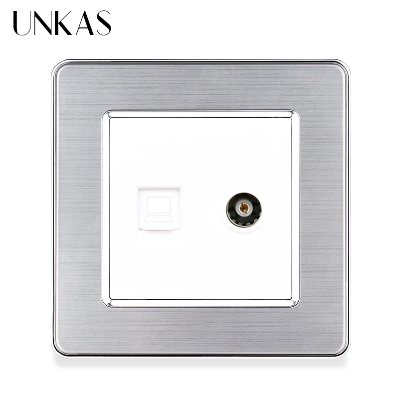 UNKAS Luxury Stainless Steel Panel RJ45 Internet Computer Jack With TV Port Wall Socket 86MM * 86MM Weak Electricity Outlet