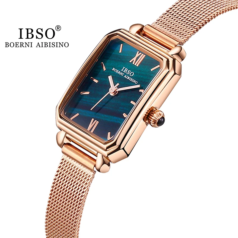 IBSO Women Luxury Fashion Green Gold Quartz Watches Elegant Rectangle Stainless Steel Mesh Strap Ladies Wristwatch Female Clock