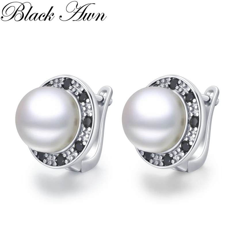 Black Awn 2024 New Round pearl Hoop Earrings for Women Classic Silver Color Trendy Spinel Engagement Jewelry I223