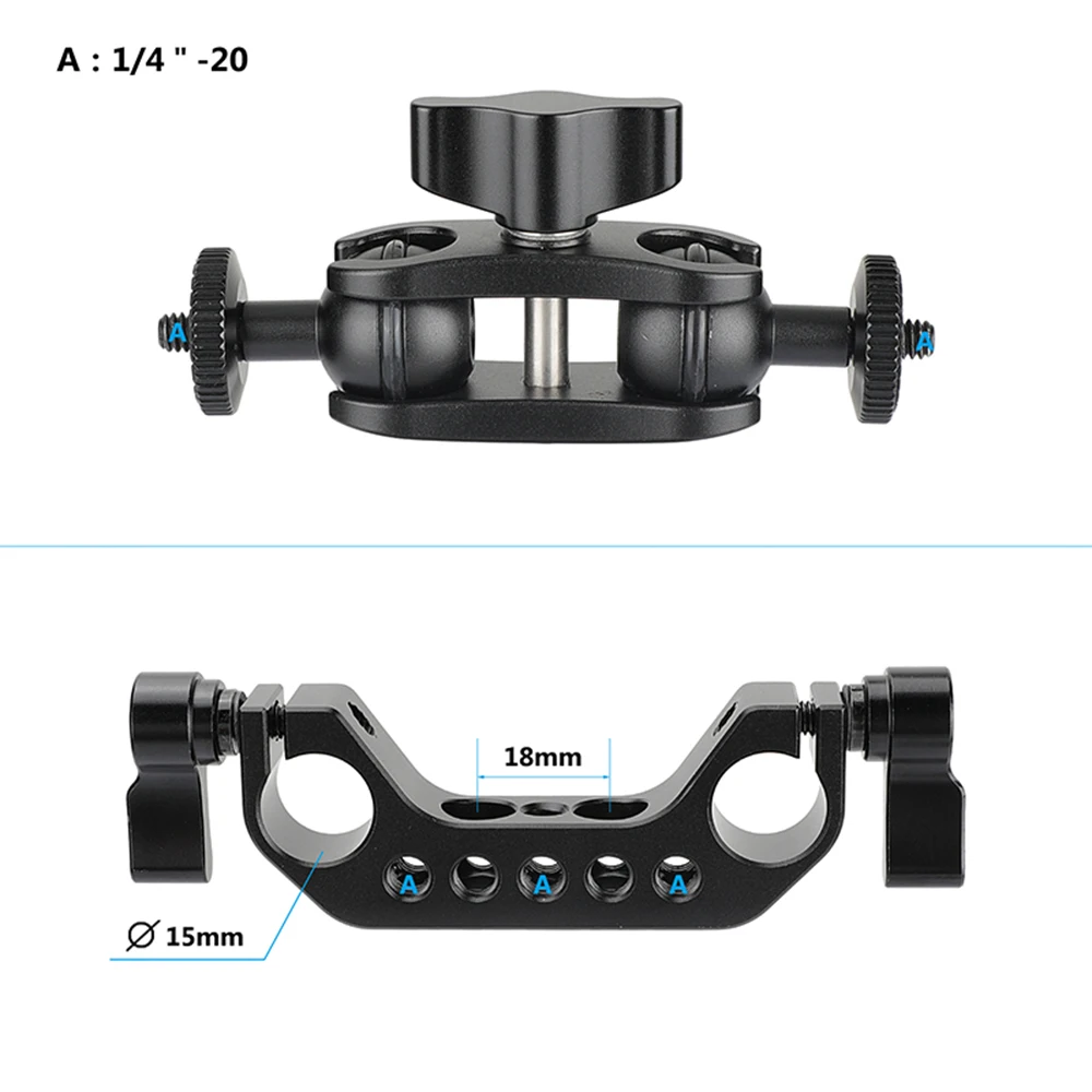 CAMVATE-abrazadera de doble varilla de 15mm, adaptador de brazo mágico de cabeza esférica ajustable de 1/4 "-20, para montaje de Monitor/LED/linterna/luz de vídeo