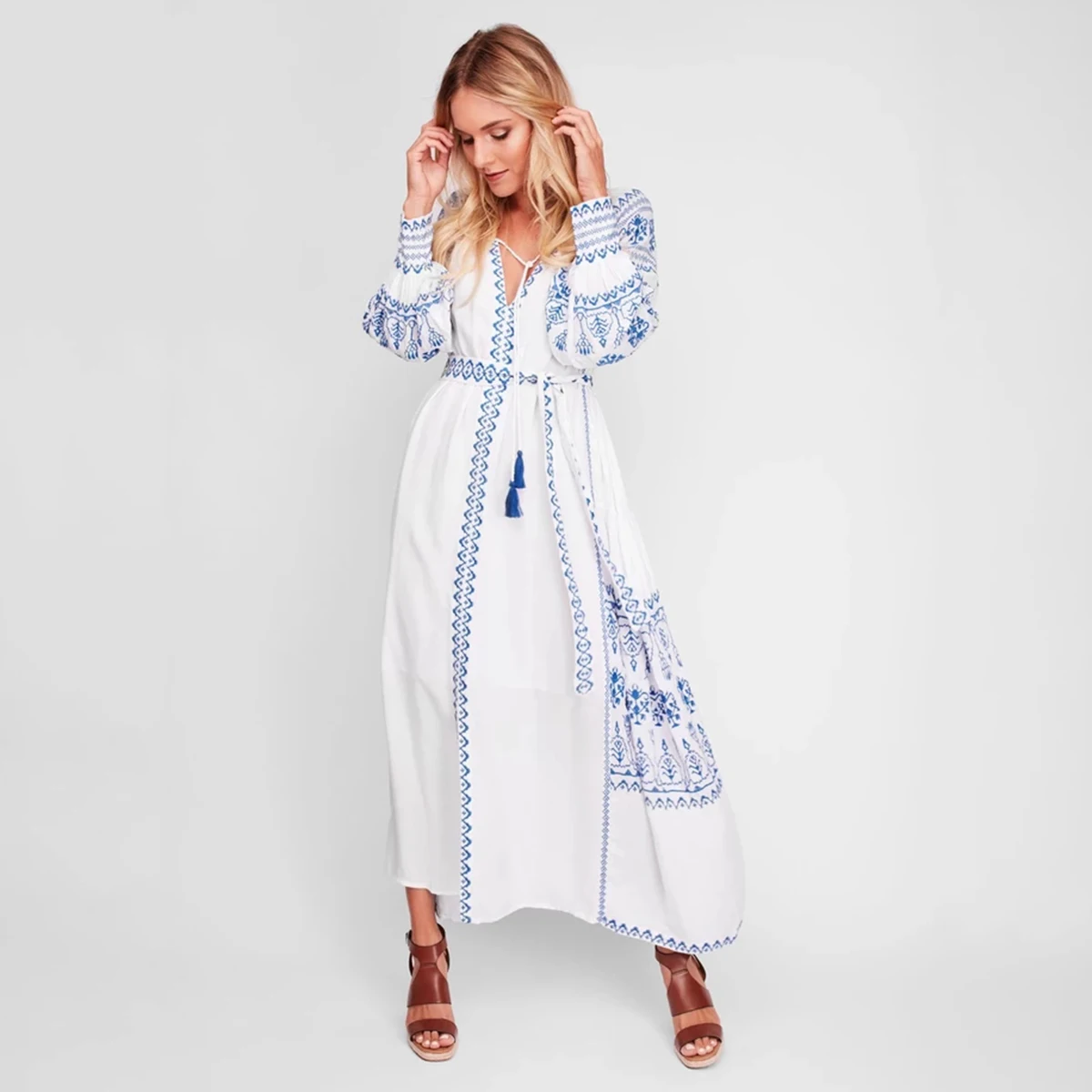 TEELYNN White Cotton Maxi Dress Women Ethnic Tunic Robe Vintage Long Sleeve Embroidery Autumn Dresses Boho Beach Loose Vestidos