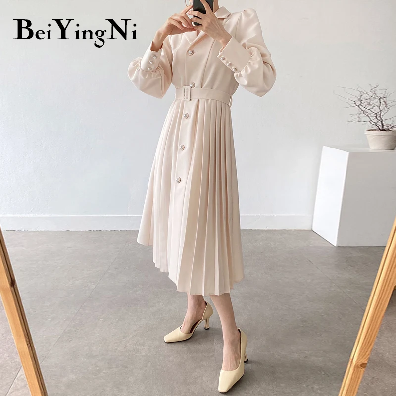 Beiyingni Herbst Anzug Kleid Frauen Casual Tasten Gürtel Plissee Damen Solide Voll Langarm Weibliche Kleid CHIC Elegante Vestido