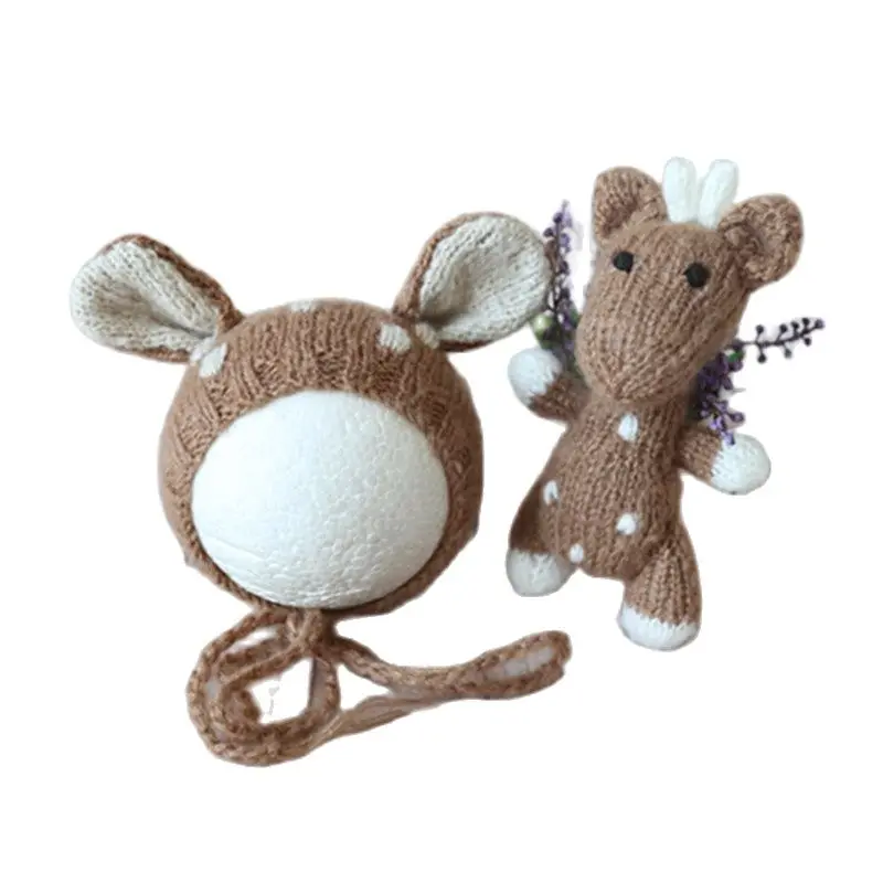 

Baby Crochet Mohair Soft Deer Hat Toy Set Newborn Girl Bonnet Newborn Photography Prop Knit Mohair Elk Doll Photo Props