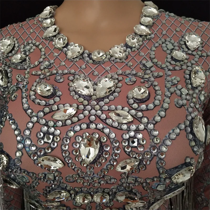 女性タッセルロングドレスナイトクラブブリンブリンクリスタル弾性スキニーラインストーンフリンジドレスウエディングイブニング歌手キャットウォーク衣装