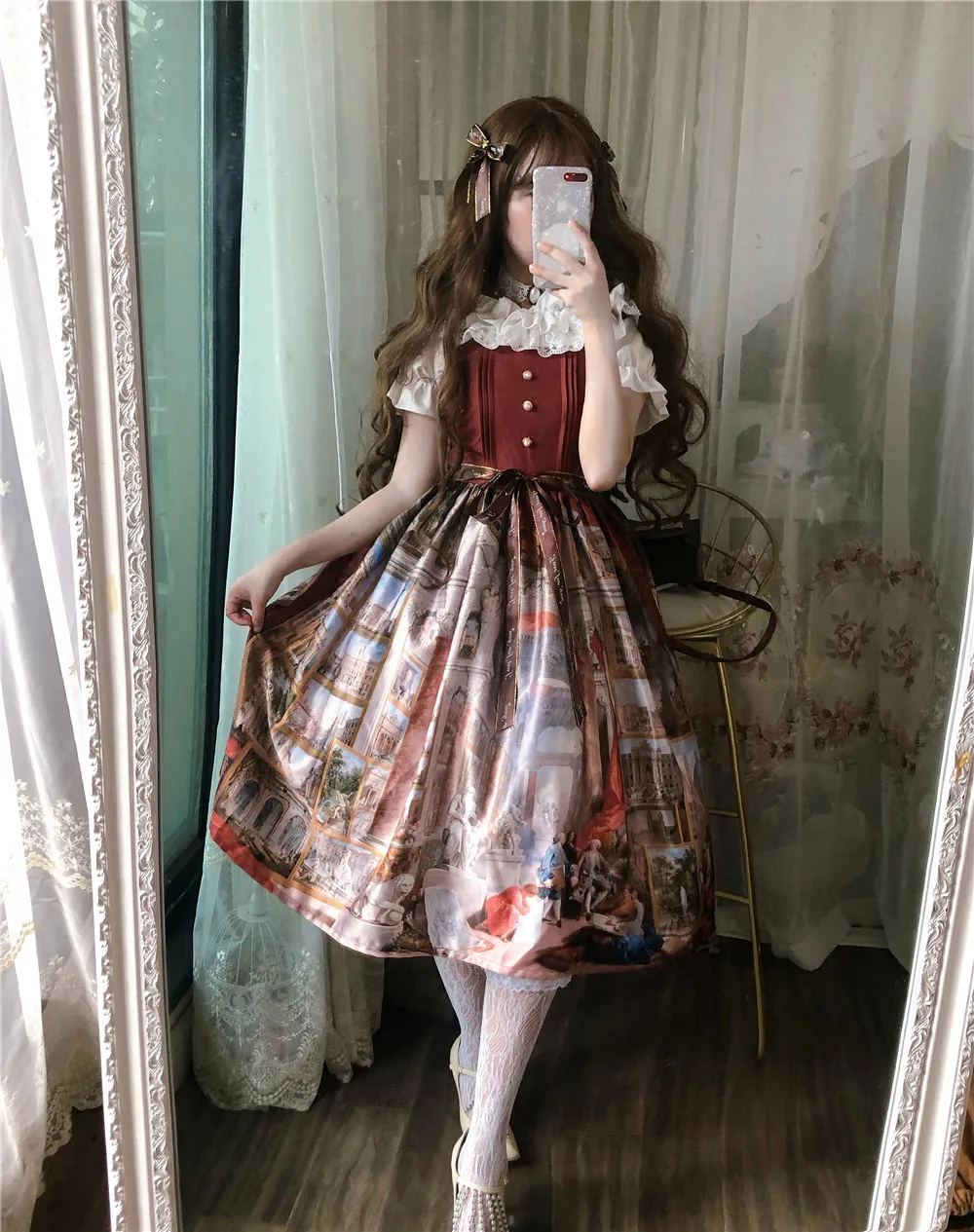 Robe princesse Lolita Vintage pour filles, tenue gothique, taille haute, imprimé nœud papillon, style falbala, kawaii